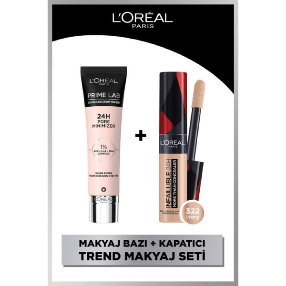 L'Oréal Paris Loreal Paris Prime Lab 24H Gözenek Küçültücü Makyaj Bazı ve Nfaillible 24H Concealer 322 Ivory Makyaj Bazı Fiyatı