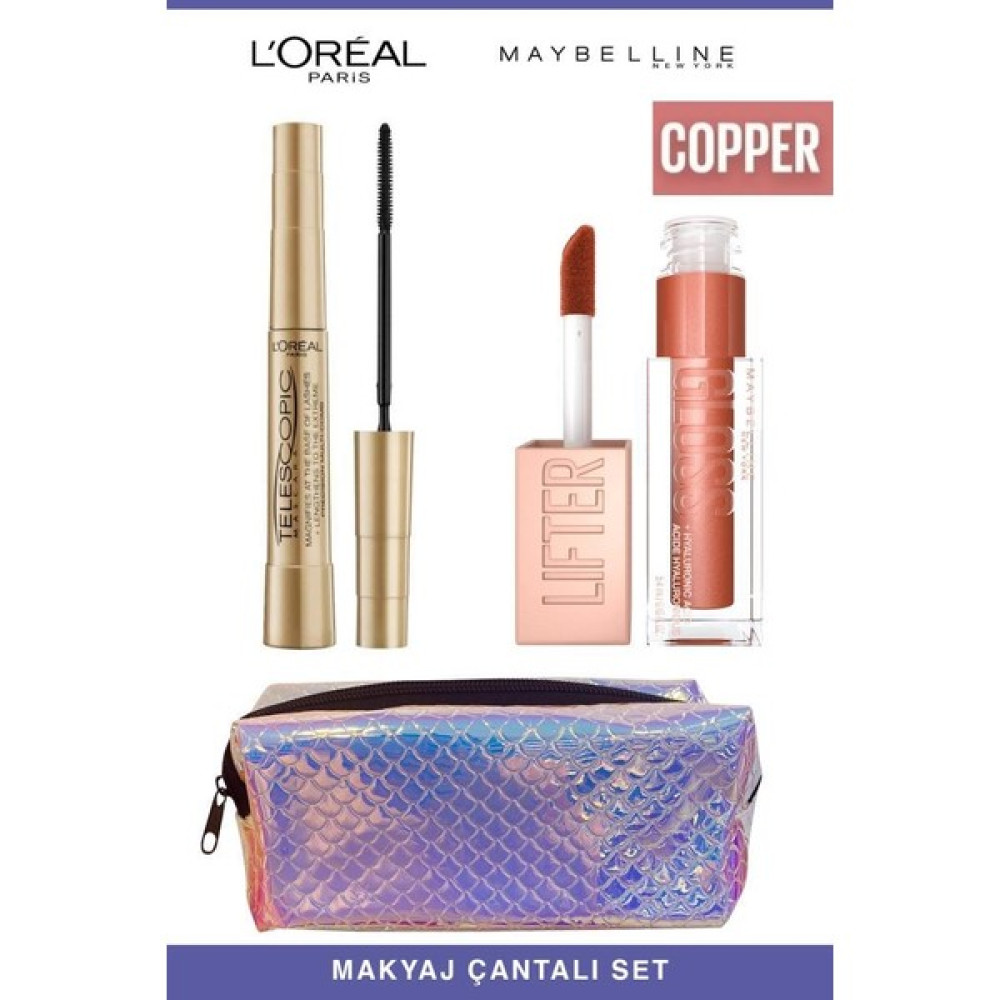 L'Oréal Paris Loreal Telescopic Anında Uzun Kirpikler-Maybelline Işıltılı ve Dolgun Dudaklar 017 Copper Makyaj Seti Rimeller / Maskaralar Fiyatı
