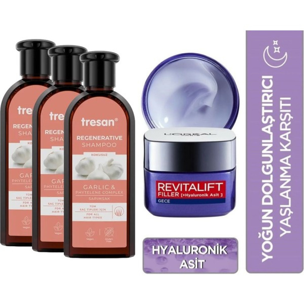 L'oreal Paris Revitalift Filler Yaşlanma Karşıtı Gece Kremi 50 ml + Tresan Sarımsak Onarıcı Şampuanı 3 Adet 300 ml Gece Kremleri Fiyatı