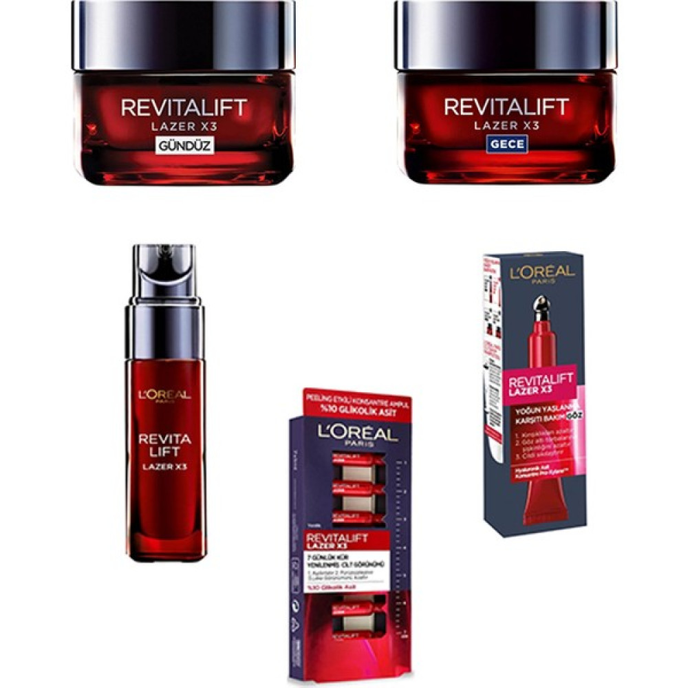 Loreal Paris Revitalift Lazer X3 5'li Set (Gündüz ve Gece Kremi 50 Ml, Serum 30 Ml, Göz Bakım Kremi 15 Ml, 7 Günlük Kür Peeling Etkili Ampul 7... Gece Kremleri Fiyatı