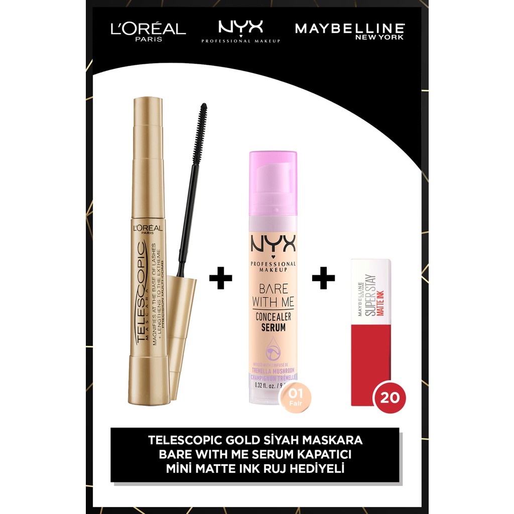 L'Oréal Paris Telescopic Gold & Bare With Me 01 Ten Makyaj Seti - Matte Ink 20 Mini Mini Ruj Hediyeli Rujlar & Dudak Parlatıcıları Fiyatı