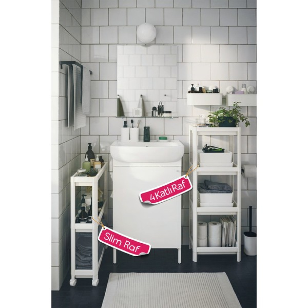 Lorelife 2'li Set 4 Katlı Banyo Rafı ve 3 Katlı Tekerlekli Slim Raf Ünitesi Düzenleyici Beyaz Eşya Saklama / Düzenleme Fiyatı