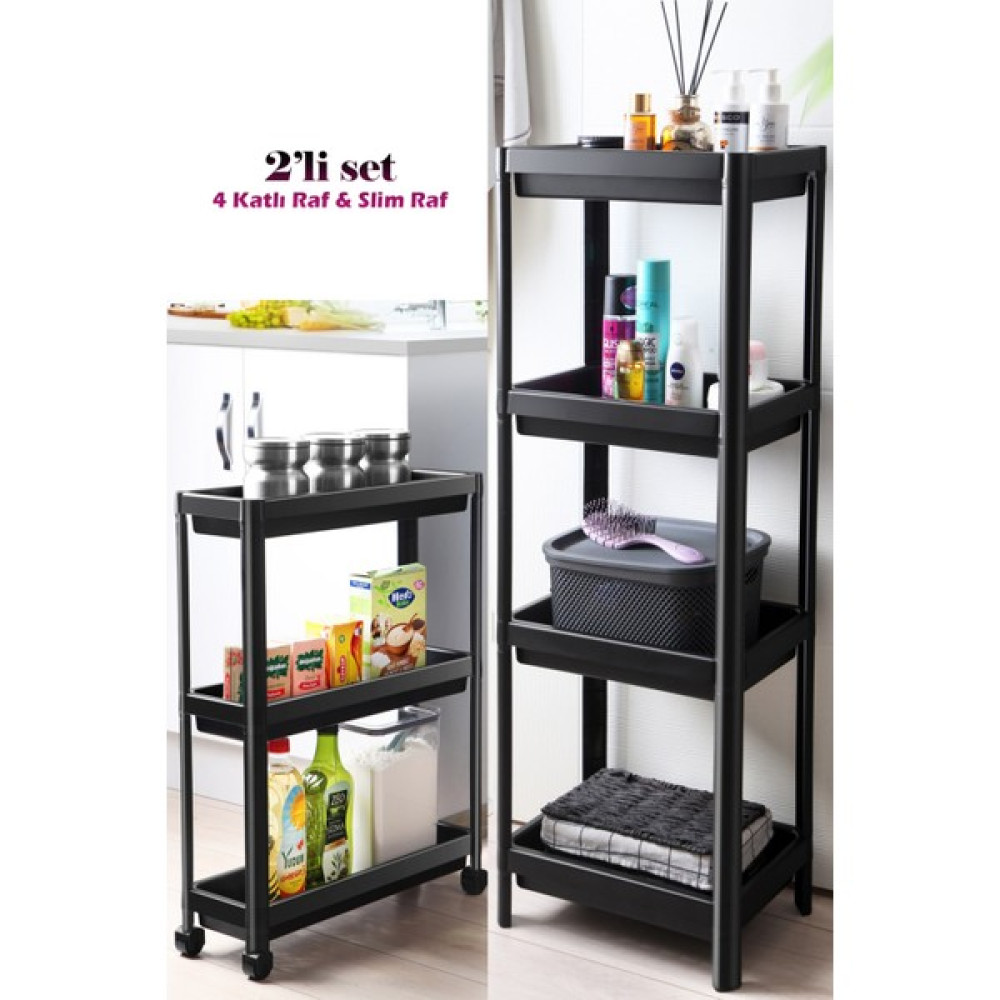 Lorelife 2'li Set 4 Katlı Banyo Rafı ve 3 Katlı Tekerlekli Slim Raf Ünitesi Düzenleyici Siyah Eşya Saklama / Düzenleme Fiyatı