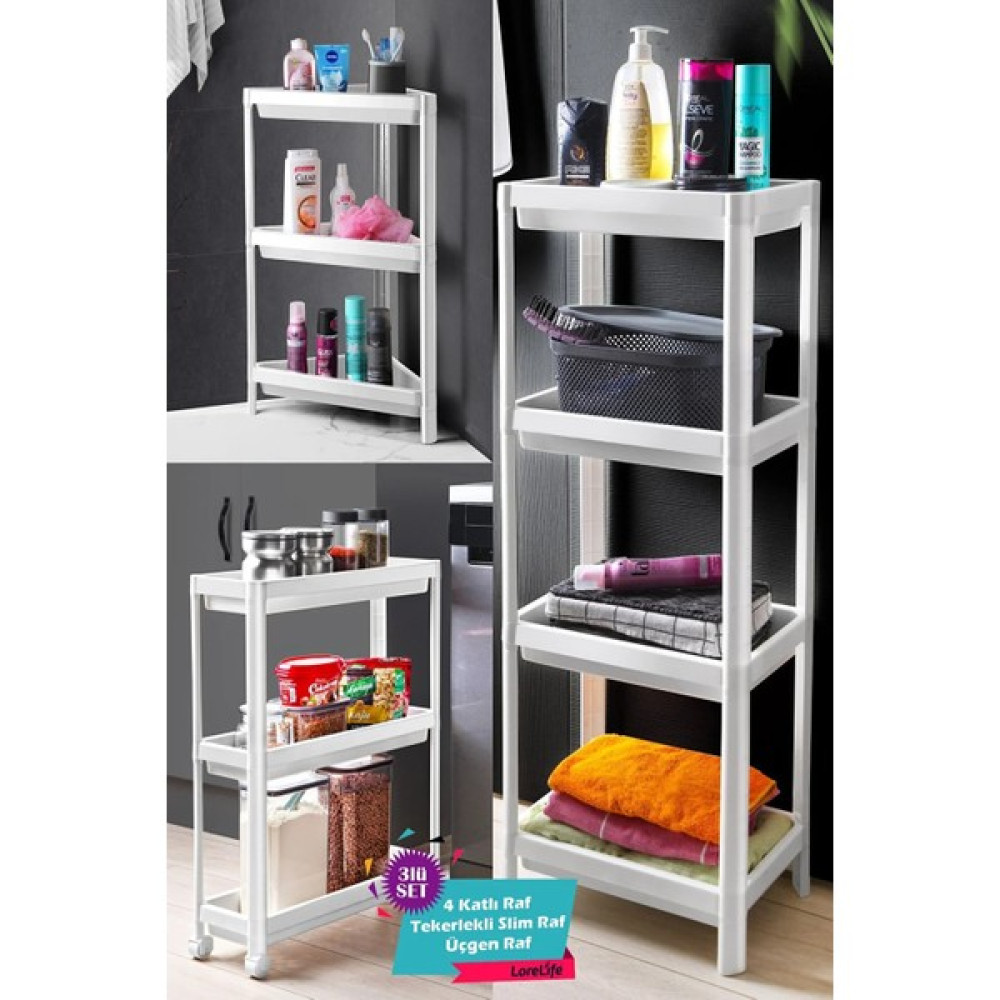 Lorelife 3'lü Set 4 Katlı Banyo Rafı 3 Katlı Tekerlekli Slim Raf 3 Katlı Üçgen Köşe Raf Ünitesi Beyaz Banyo Aksesuarları Fiyatı