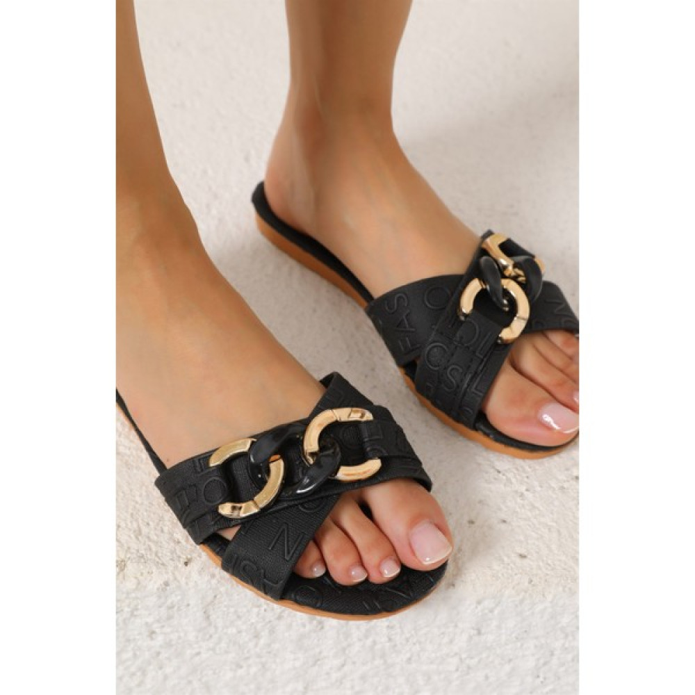 Lorenya Shoes Kadın Siyah Önden Çapraz Zincir Detaylı Rahat Terlik Kadın Terlikleri ve Sandaletleri Fiyatı
