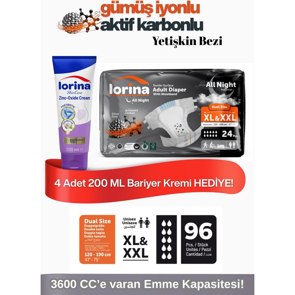 Lorina Aktif Karbon & Gümüş Iyon Destekli Bel Bantlı Hasta Bezi Xl - Xxl 24’lü 4 Paket Bariyer Kremi Hediyeli - Beyaz - XL - 2XL Hasta Bezleri ve Temizliği Fiyatı