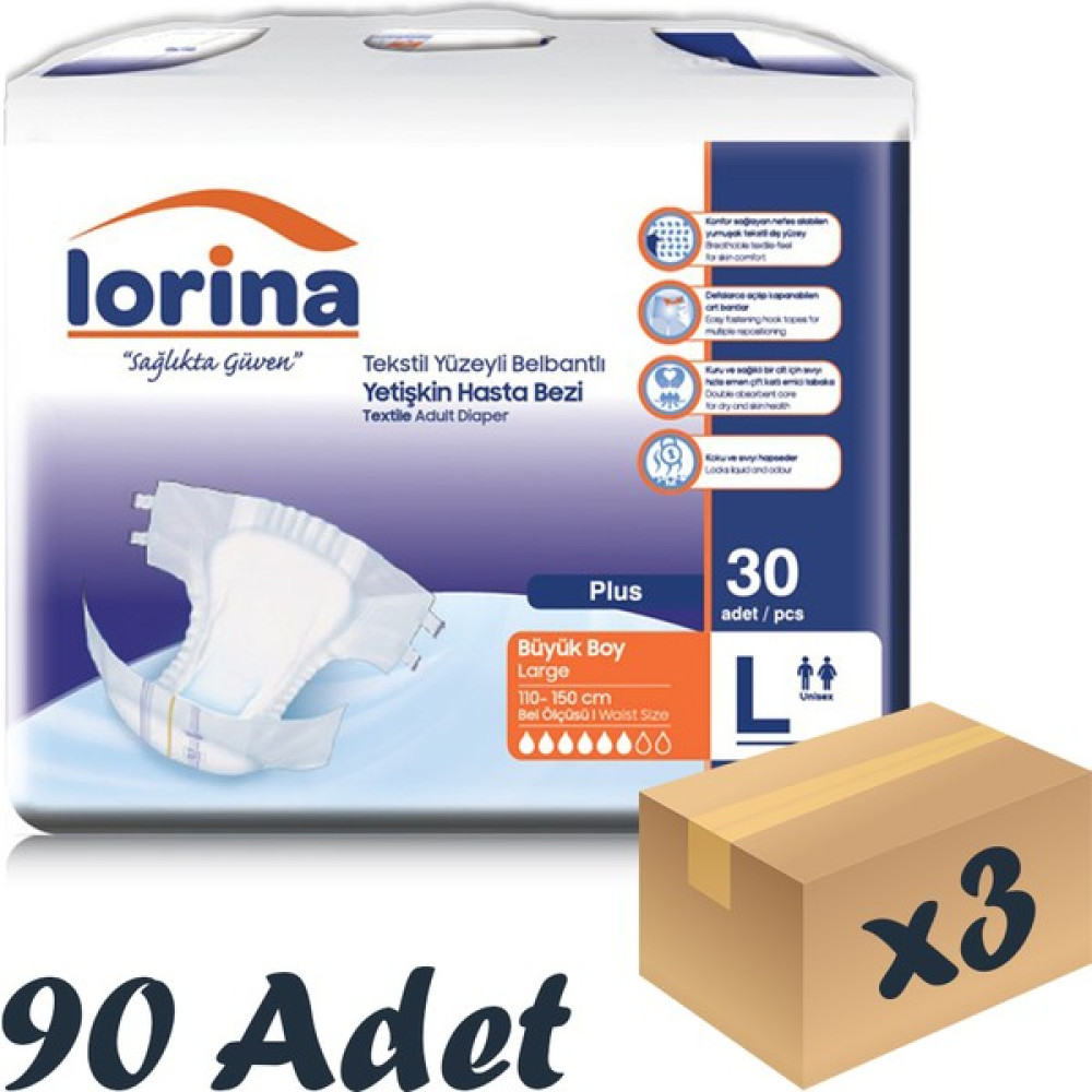 Lorina Tekstil Yüzeyli Bel Bantlı Yetişkin Hasta Bezi Large 30'Lu 3 Paket 90 Adet - L Hasta Bezleri ve Temizliği Fiyatı