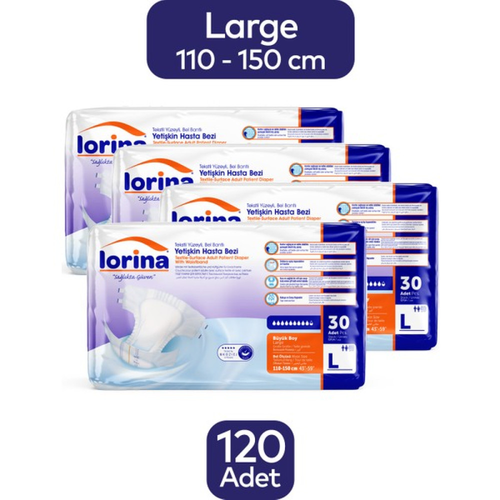 Lorina Tekstil Yüzeyli Bel Bantlı Yetişkin Hasta Bezi Large 30'Lu 4 Paket 120 Adet - L Hasta Bezleri ve Temizliği Fiyatı