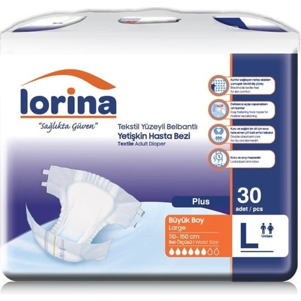 Lorina Tekstil Yüzeyli Bel Bantlı Yetişkin Hasta Bezi Large 30'Lu - L Hasta Bezleri ve Temizliği Fiyatı