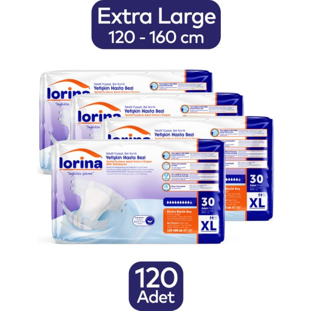 Lorina Tekstil Yüzeyli Bel Bantlı Yetişkin Hasta Bezi Xlarge 30'Lu 4 Paket 120 Adet - XL Hasta Bezleri ve Temizliği Fiyatı