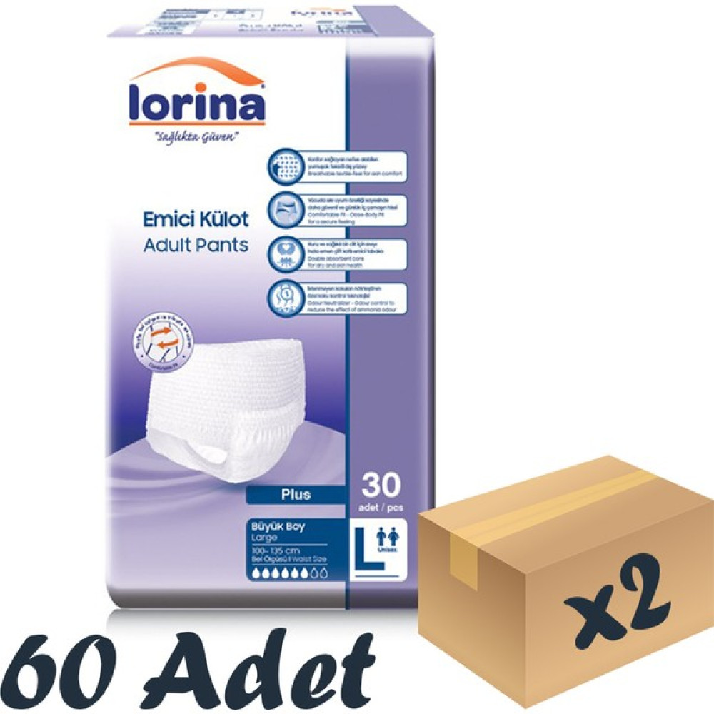 Lorina Yetişkin Emici Külot Large 30'Lu 2 Paket 60 Adet - L Hasta Bezleri ve Temizliği Fiyatı
