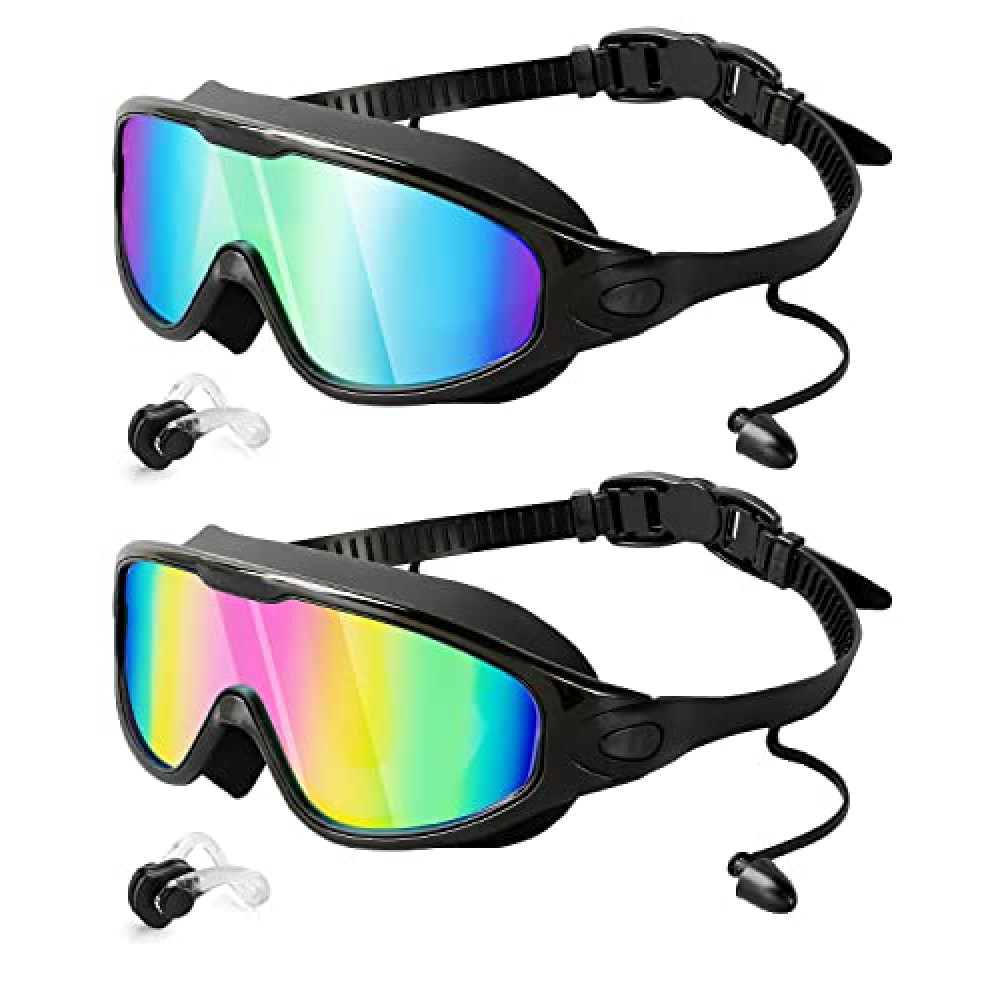 Lorrtta Wide Vision Swimming Goggles 2 Pack, Wide View Anti Fog & UV Protection Goggles Swimming Clear Vision Goggles Adult Women No Leaking Fit Swimming Goggles Adult Men