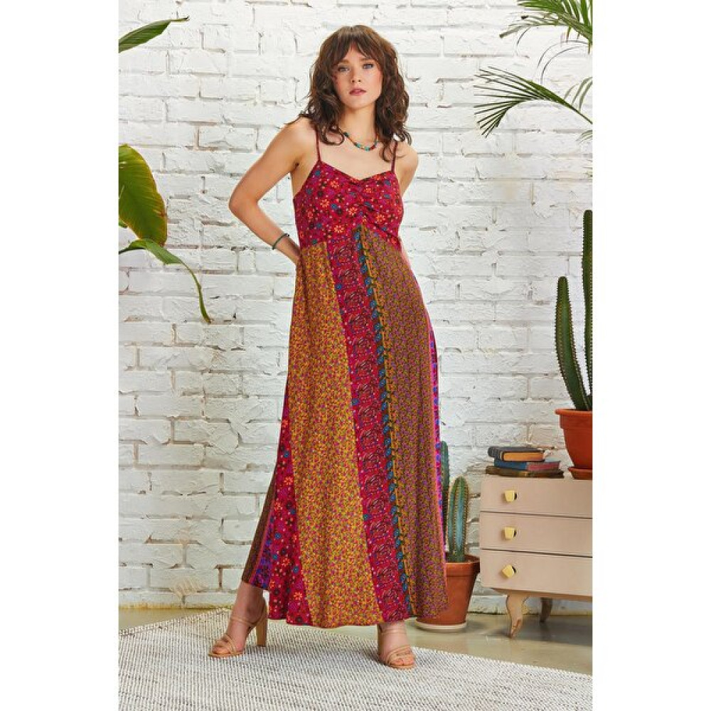 Los Banditos Ince Askılı Çiçekli Yazlık Uzun Patchwork Elbise Elbise Fiyatı