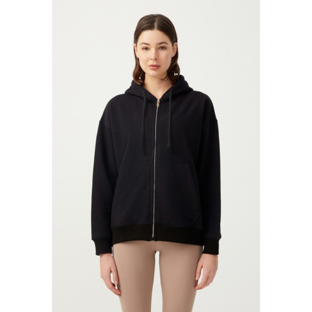 Los Ojos Kadın Siyah Kapüşonlu Oversize Şardonlu Fermuarlı Örme Sweatshirt Bayan Sweatshirt Fiyatı
