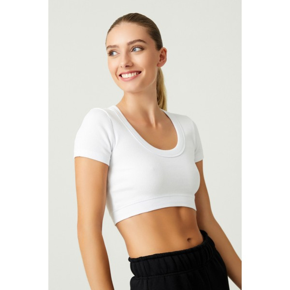 Los Ojos x Melodi Beyaz Pamuklu Fitilli Crop T-Shirt Short Sleeve Bayan T-shirt Fiyatı