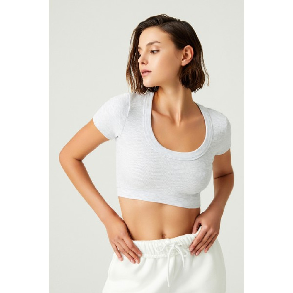Los Ojos x Melodi Gri Pamuklu Fitilli Crop T-Shirt Short Sleeve Bayan T-shirt Fiyatı