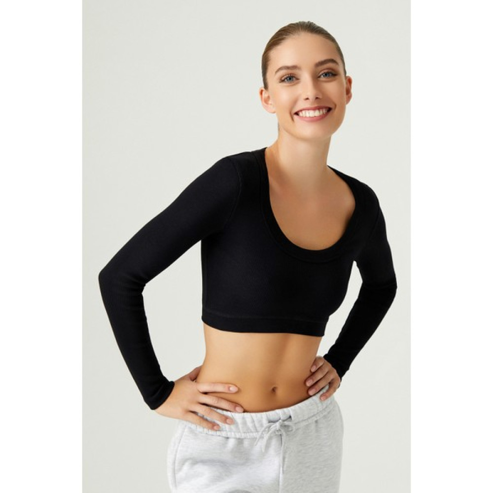 Los Ojos x Melodi Siyah Pamuklu Fitilli Crop Spor Bluz Long Sleeve Bluz Fiyatı