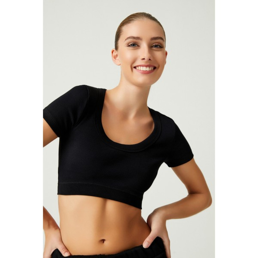 Los Ojos x Melodi Siyah Pamuklu Fitilli Crop T-Shirt Short Sleeve Bayan T-shirt Fiyatı
