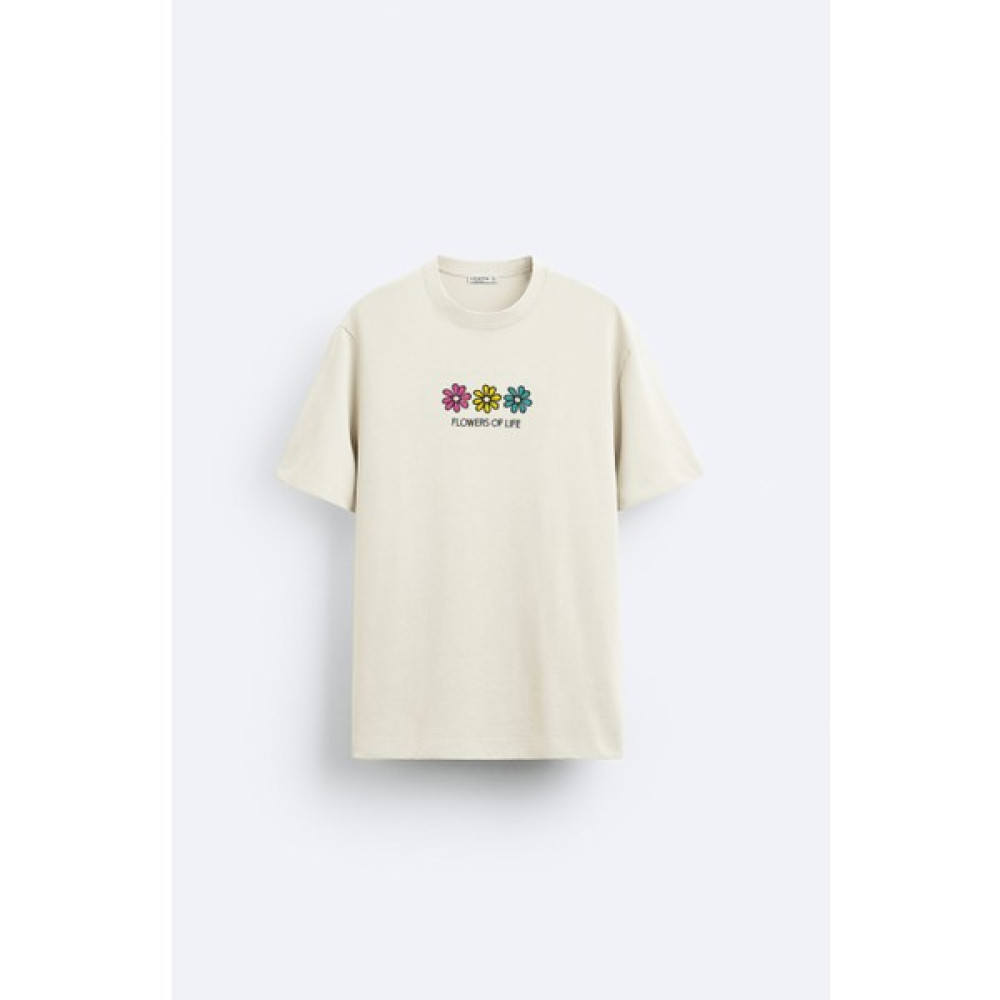 Loss Buttom Ağır Kumaş Flowers Nakışlı Oversize T-Shirt Erkek T-shirt Fiyatı