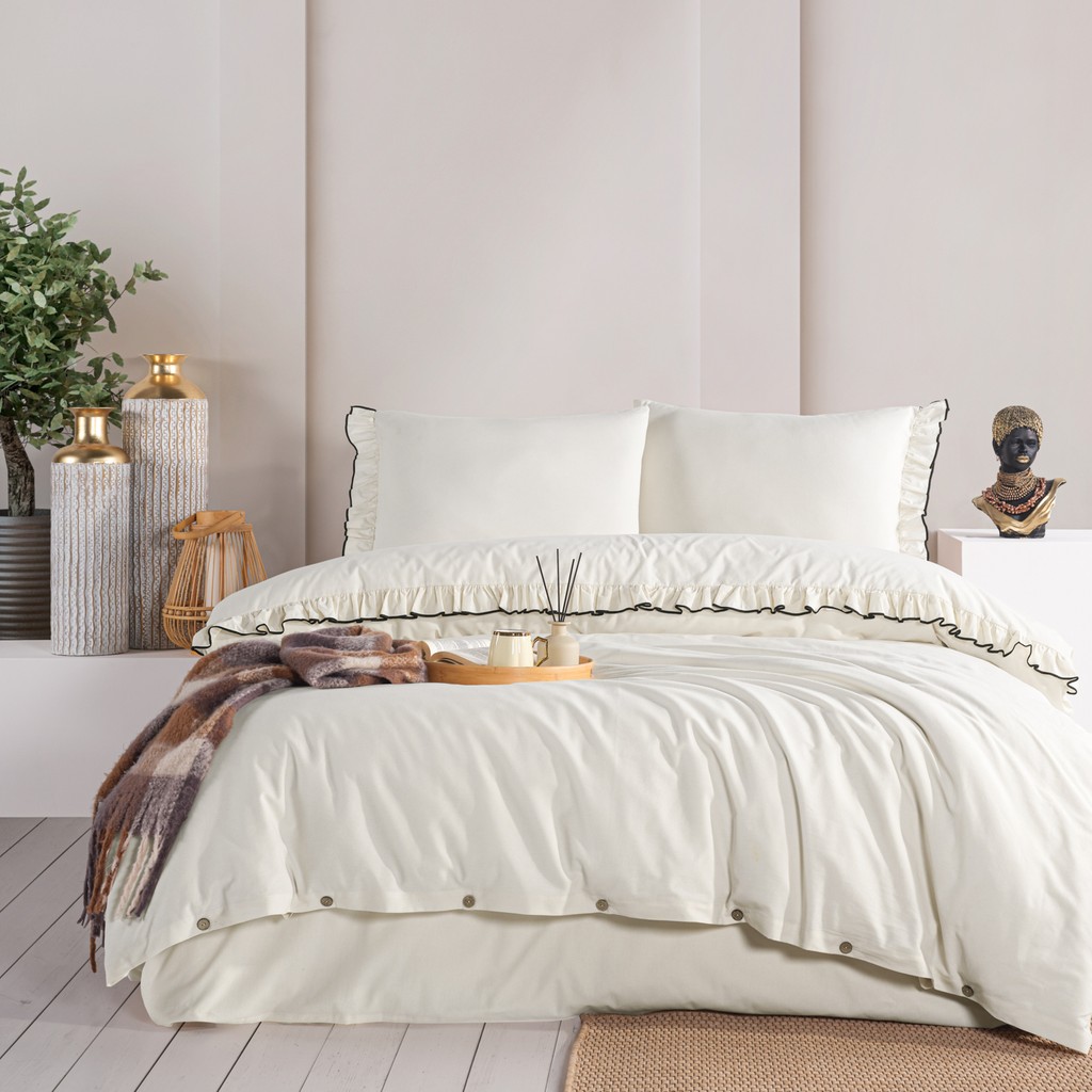 Lotis %100 Pamuklu Süs Overlok Dikişli Fırfırlı Yıkamalı Çift Kişilik Nevresim Takımı 200*220 - Açık Krem - 200 x 220 cm Nevresim Takımı Fiyatı
