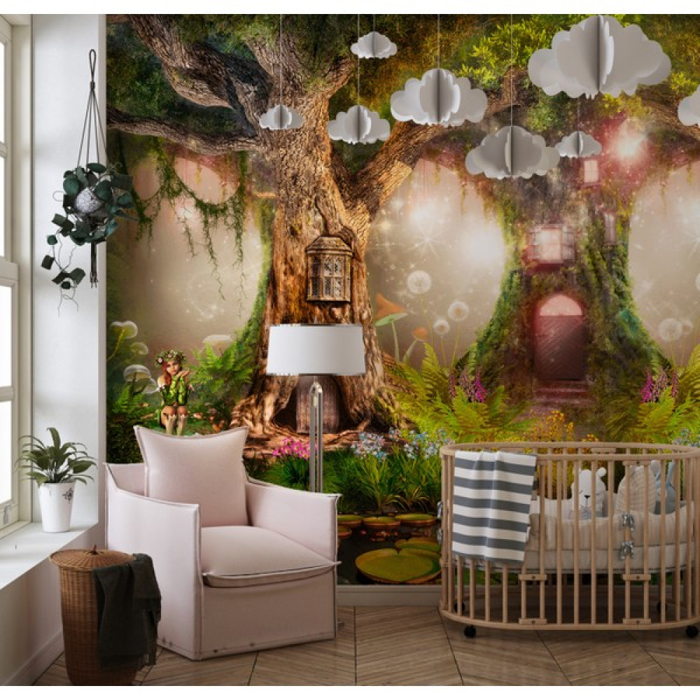 Lotus Aura Gizemli Orman Çocuk Odası Duvar Kağıdı, Ağaç Evler Tasarımlı Çocuk Odası Duvar Resmi - Yeşil - 406 x 254 cm Duvar Kağıdı Fiyatı