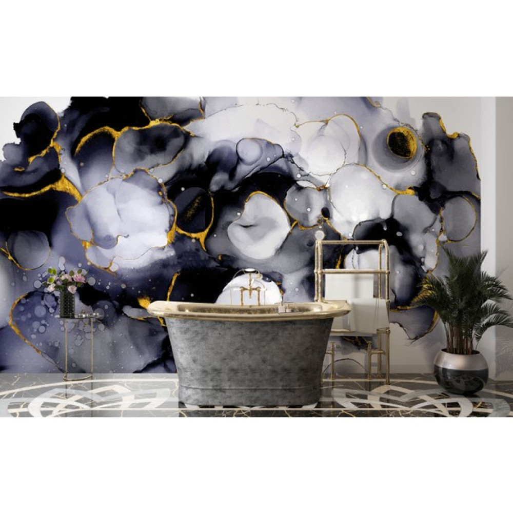 Lotus Aura Mavi Siyah Memer Desenli Salon Duvar Kağıdı, Gold Detaylı Mermer Desenli Banyo Duvar Kağıdı - Beyaz - 406 x 254 cm Duvar Kağıdı Fiyatı