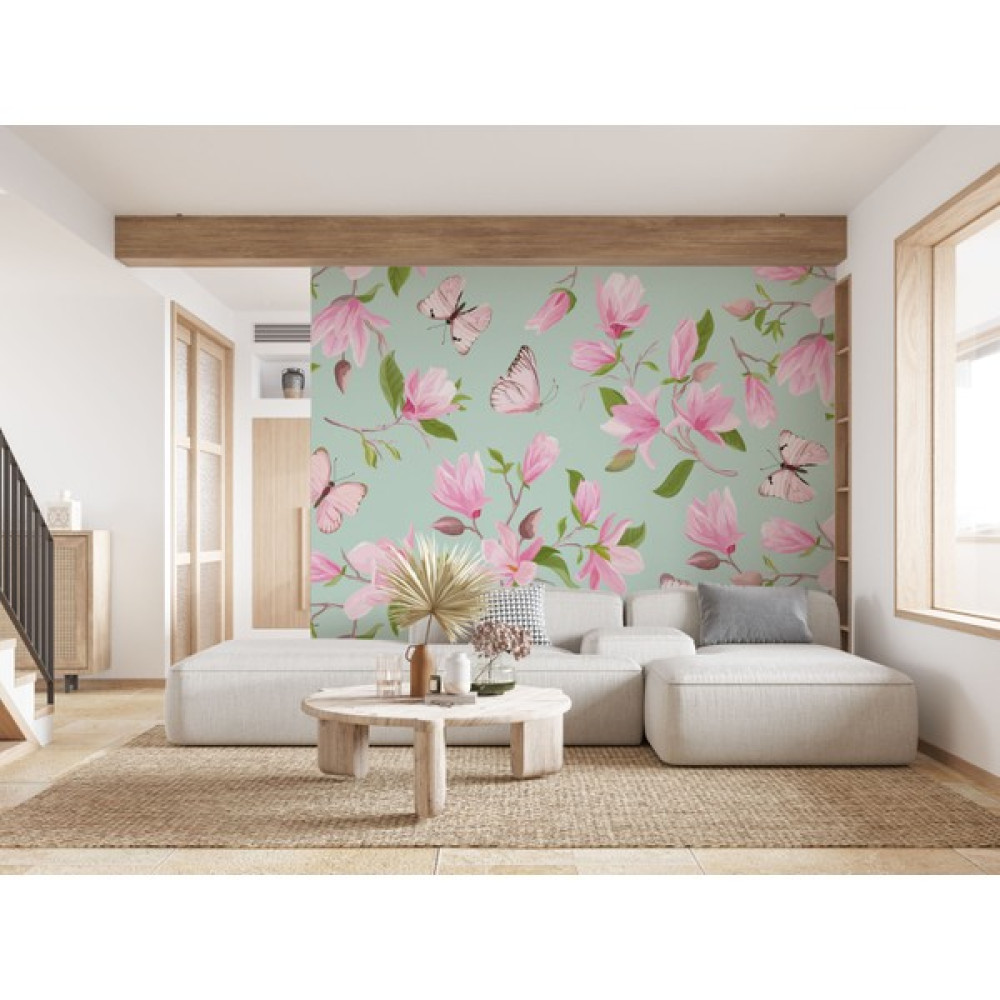 Lotus Aura Pembe Çiçekli Duvar Kağıdı, Pembe Kelebekli Duvar Resmi - 406 x 254 cm Duvar Kağıdı Fiyatı