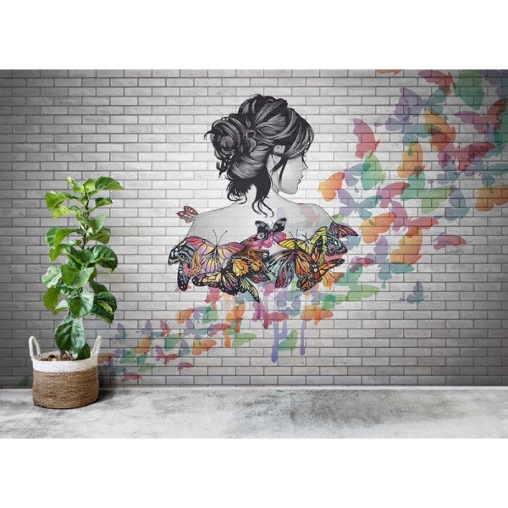Lotus Aura Tuğla Duvar Desenli Salon Duvar Kağıdı, Renkli Kelebekli Genç Odası Duvar Posteri - Gri - 100 x 100 cm Duvar Kağıdı Fiyatı
