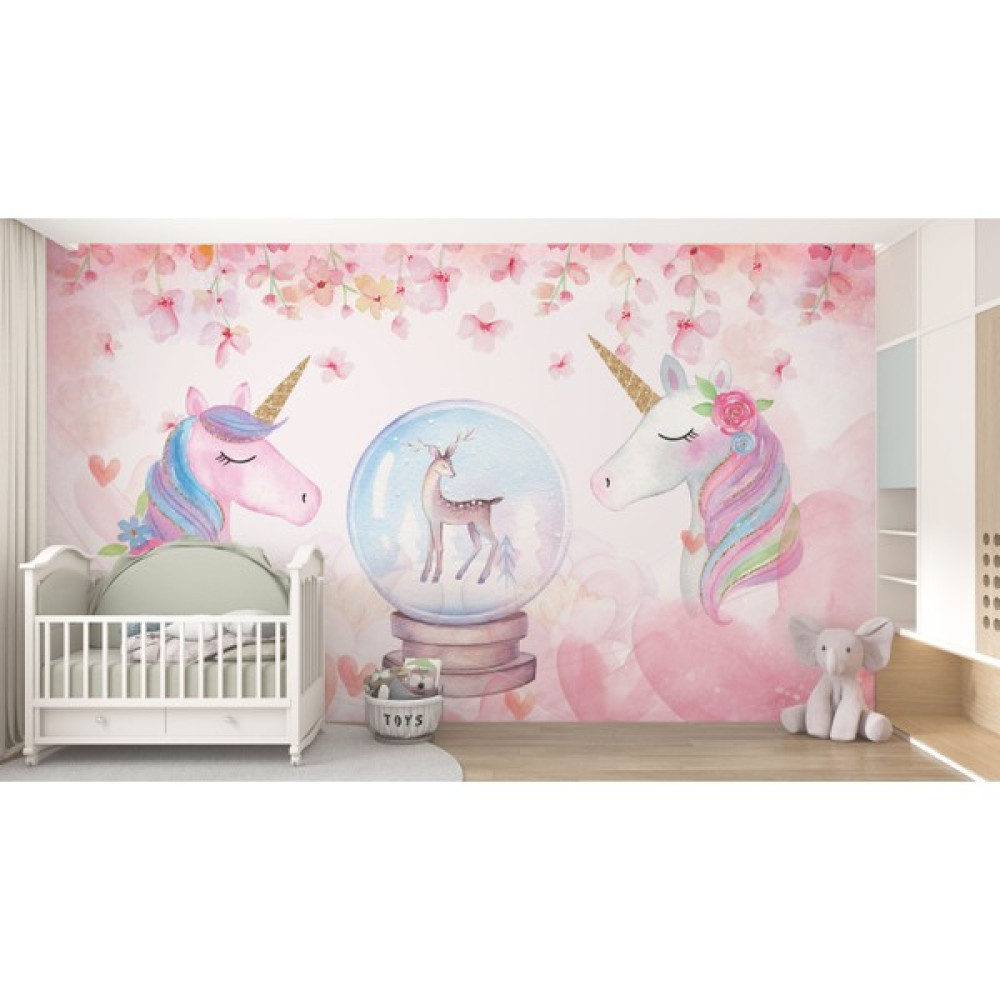 Lotus Aura Unicorn Desenli Çocuk Odası Duvar Kağıdı, Pembe Çiçekli Bebek Odası Duvar Resmi - 304 x 190 cm Duvar Kağıdı Fiyatı