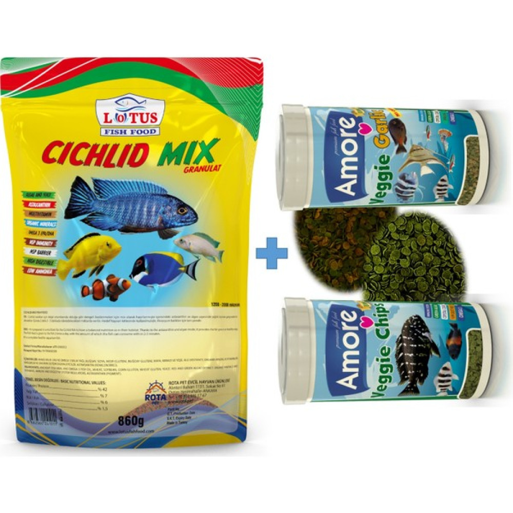 Lotus Cichlid Mix Granül Protein Bitkisel Karışık 860 G Malawi Ciklet Balık Yemi + 30 gr + 30 gr Oto Boyaları Fiyatı
