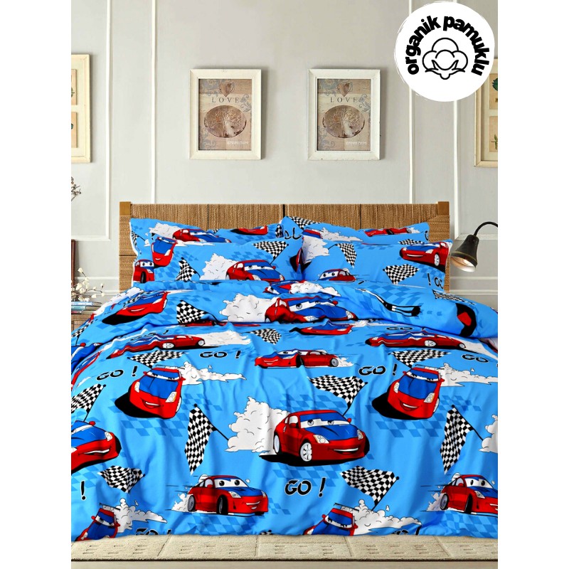 lotusline Araba Desenli Ranforce Tek Kişilik Nevresim Takımı - Mavi - 160 x 200 cm Nevresim Takımı Fiyatı