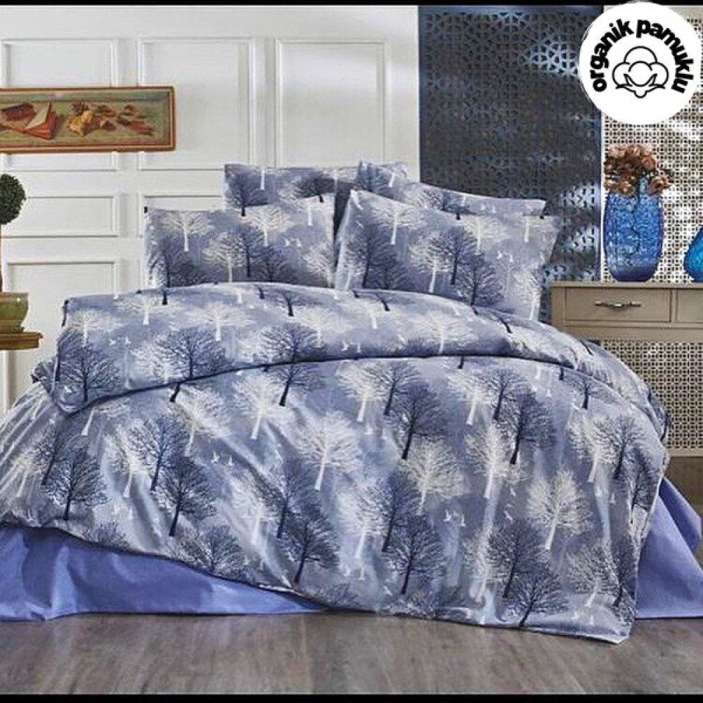 lotusline Home Mavi Ağaç Desen Çift Kişilik Lüks Pamuklu Nevresim Takımı - Seti - 200 x 220  cm Nevresim Takımı Fiyatı