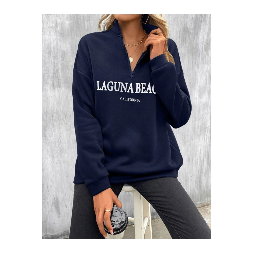 LOUİSA Kadın Lacivert Yarım Fermuarlı Laguna Beach Baskılı Dik Yaka Sweatshirt S Beden Bayan Sweatshirt Fiyatı
