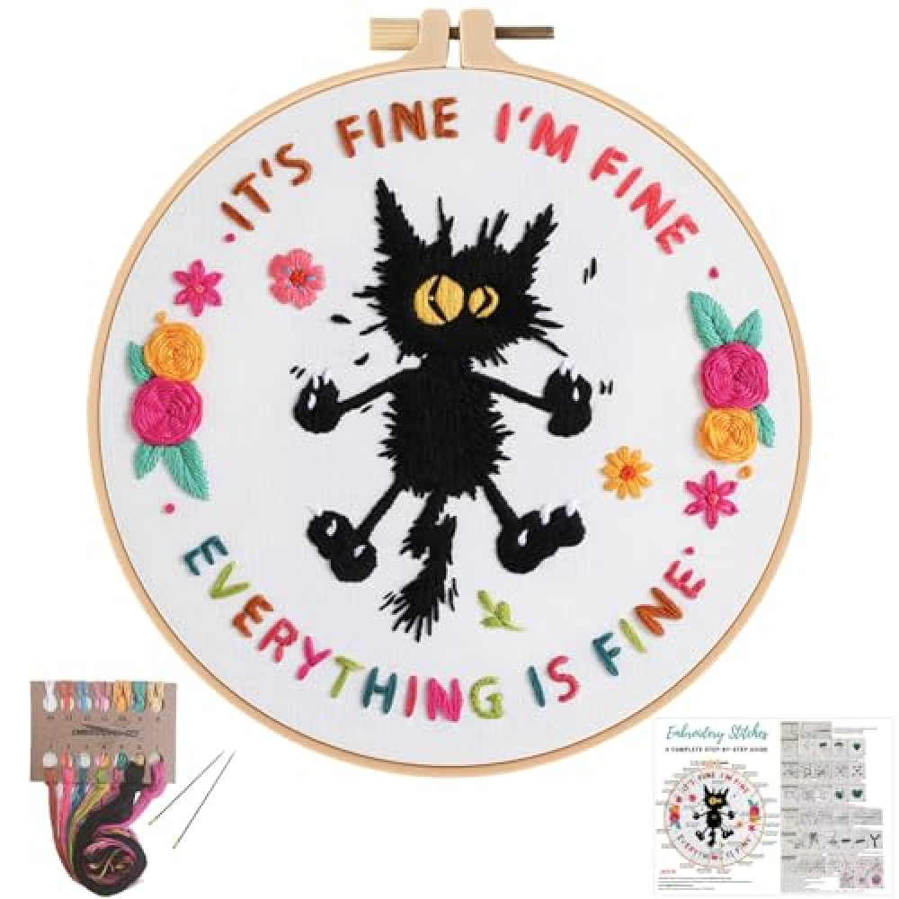 Louise Maelys Cute Cat Embroidery Kits for Beginners,Adults Starter Cross Stitch Kit with Funny Animal Pattern,DIY Needlepoint-It's Fine I'm Fine Everything is Fine