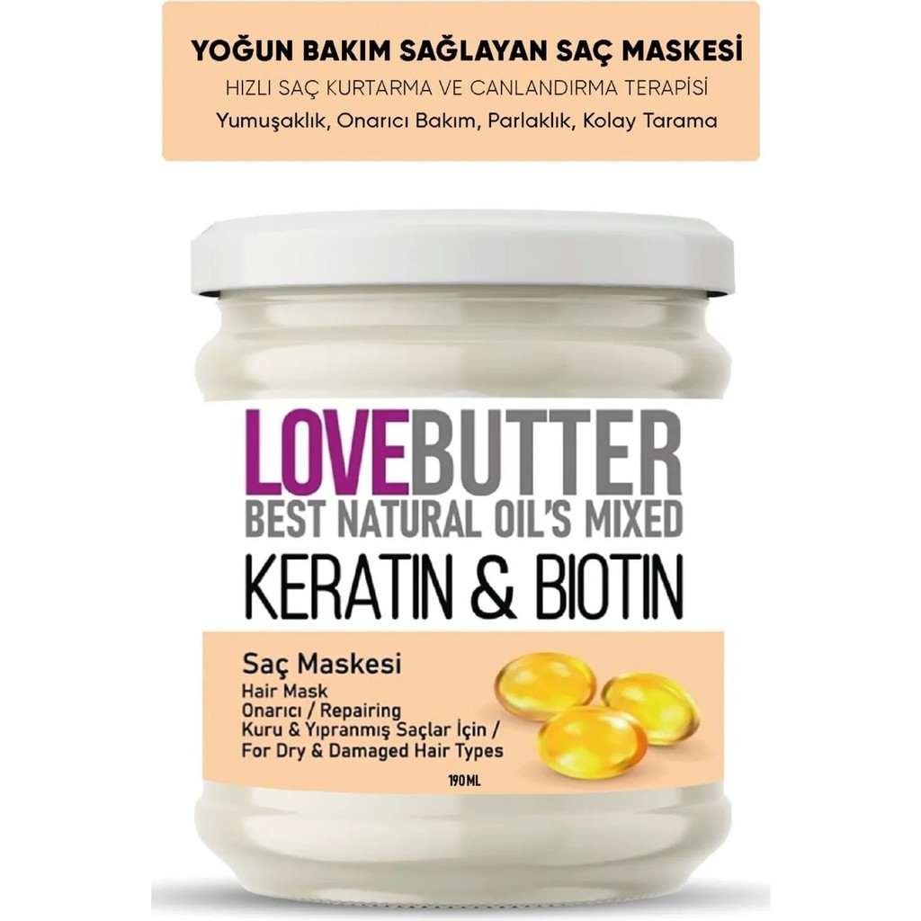 Love Butter Kuru ve Yıpranmış Saçlar Için Keratin&biotin Onarıcı Saç Maskesi Tüm Saç Tiplerine Uygun, Parlak ve Güçlü Görünüm Sağlar Diğer Fiyatı