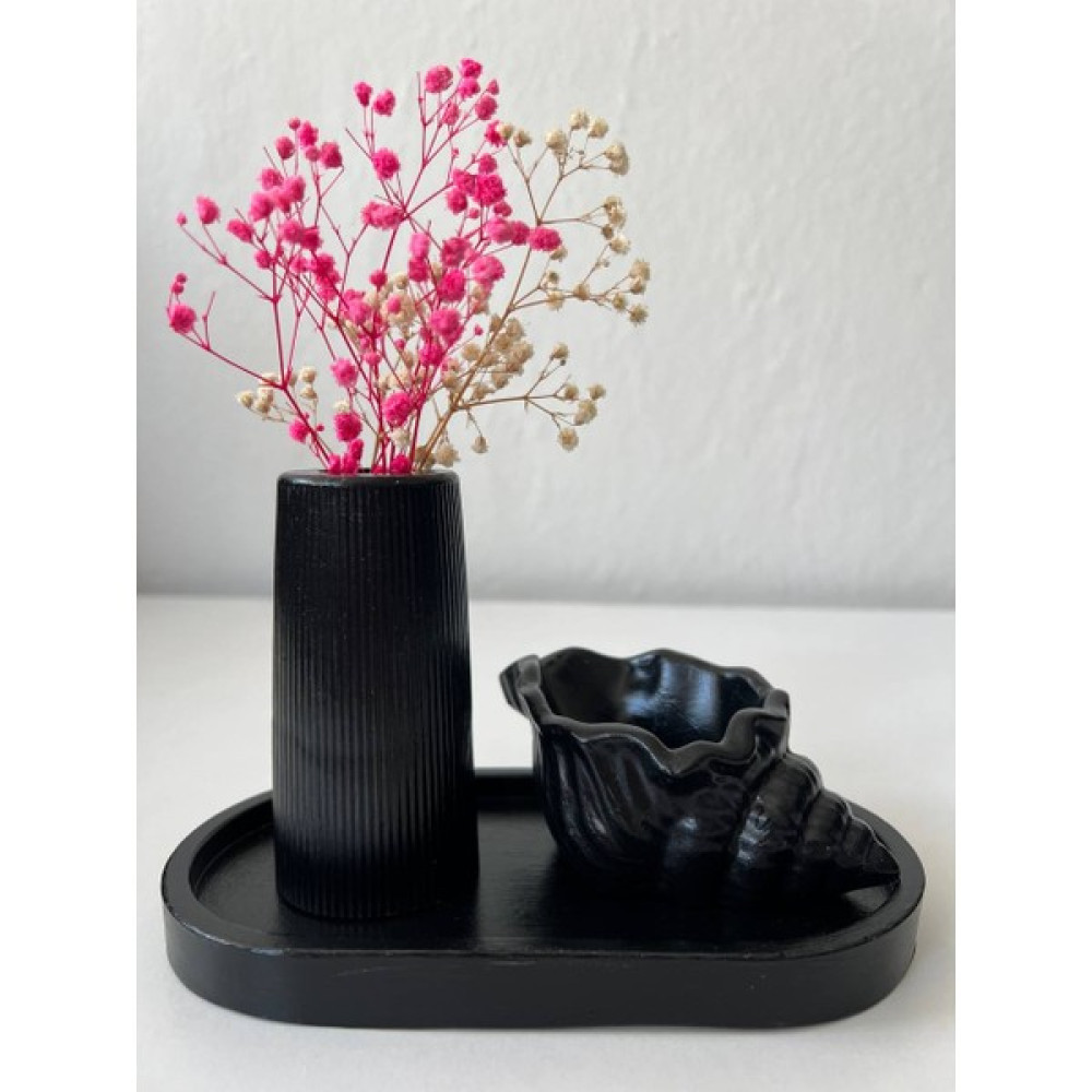 Love Candle Dekor Siyah Vazo Seti, Dekoratif Siyah Vazo, Çizgili Siyah Vazo, Deniz Kabuğu Mumluk, Oval Tabak Vazo Fiyatı