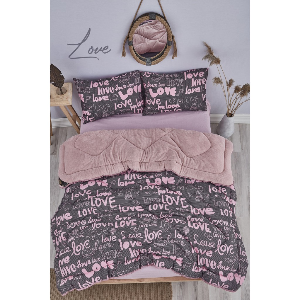 Love Pembe Desenli Çift Kişilik Çift Taraflı Welsoft Yorgan Seti Wellsoft Battaniye Pofuduk Yumuşak Yorgan Seti - 07-Pembe - 195 x 215 cm Yorgan Fiyatı