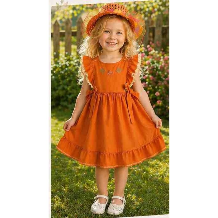Lovinya Kids Turuncu Fırfırlı Nakış Detaylı Kız Çocuk Elbise ŞAPKA HEDİYESİYLE Kız Çocuk Elbise Fiyatı