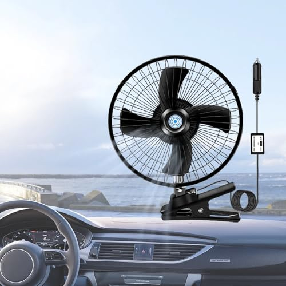 LrgeYsry 12V Cigarette Lighter Fan,8''Portable Car 20W All Metal Fan with Clip Cigarette Lighter Plug 2-Speed Switch 180° Auto Rotatable for Golf Cart,Truck,Boat,Buses,Tractor,Camper,Black