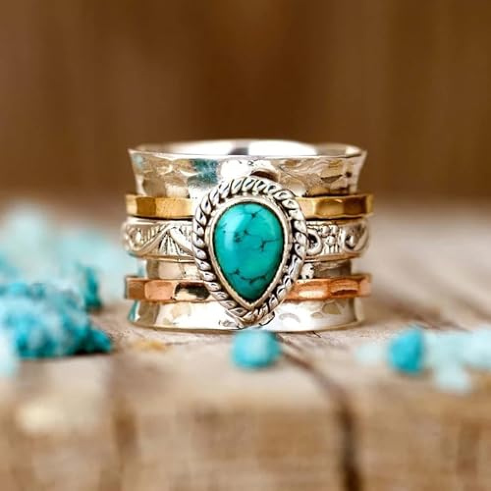 LRGKMCWTOB Vintage Sterling Silver Turquoise Ring for Women, Bohemian Style Handmade Dainty Ethnic Healing Stone Ring, Tribal Totem Cut Natural Turquoise Bridal Statement Ring Gift Size 8