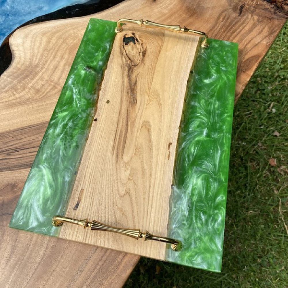 Ls Wood Store 39 x 28 cm Yeşil Epoksi Tepsi / Nişan Tepsisi / Kahve Tepsisi - 39 cm Servis Tepsisi Fiyatı