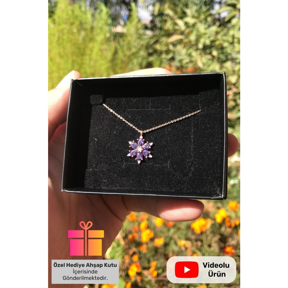 Lucente Jewellery Gerçek Ametist Taşlı Mor Lotus Çiçeği Gümüş Kolye Rose Kaplama 925 Ayar Zincirli Kamelya Kolyesi Gümüş Kolye Fiyatı