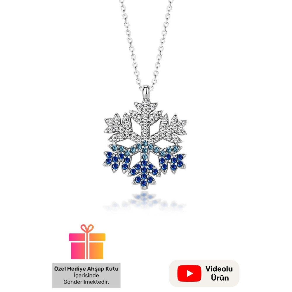 Lucente Jewellery Hediye Kutulu 925 Ayar Gümüş Kar Tanesi Kolye Mavi Beyaz Taşlı Rodyumlu Kararma Yapmaz Kar Kolyesi Gümüş Kolye Fiyatı