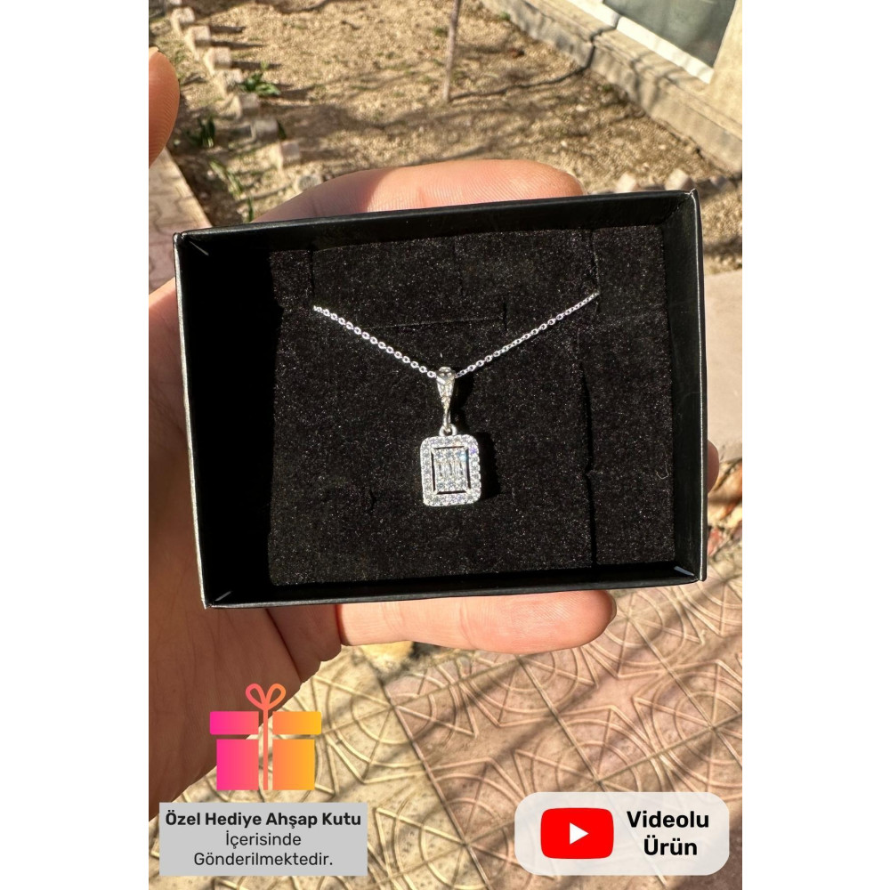 Lucente Jewellery Hediye Kutulu Baget Taşlı Pırlanta Modeli Kolye Zarif Hediyelik 925 Ayar Gümüş Zincirli Kolye Gümüş Kolye Fiyatı