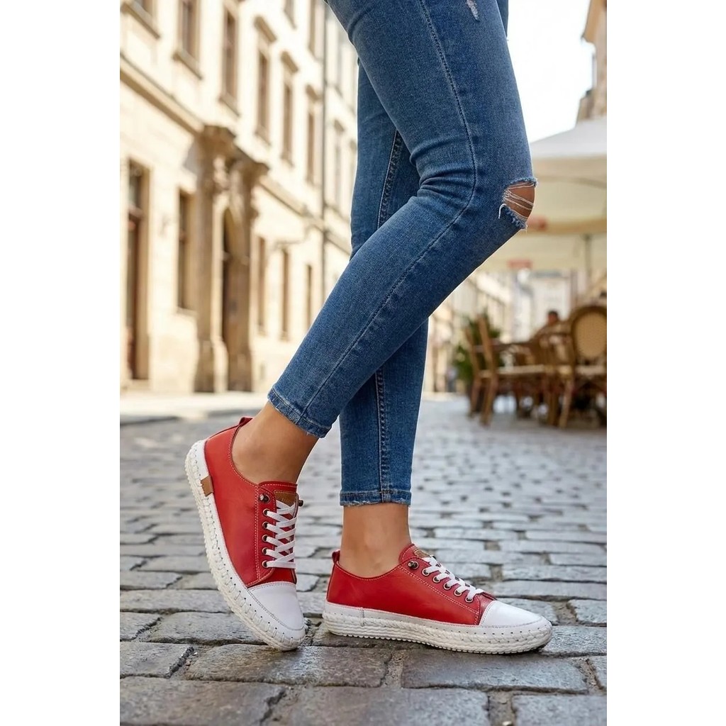 Lucid Kadın Hakiki Deri Kırmızı Sneaker El Dikişli Günlük Spor Ayakkabı Bağcıklı Rahat Taban Diğer Fiyatı
