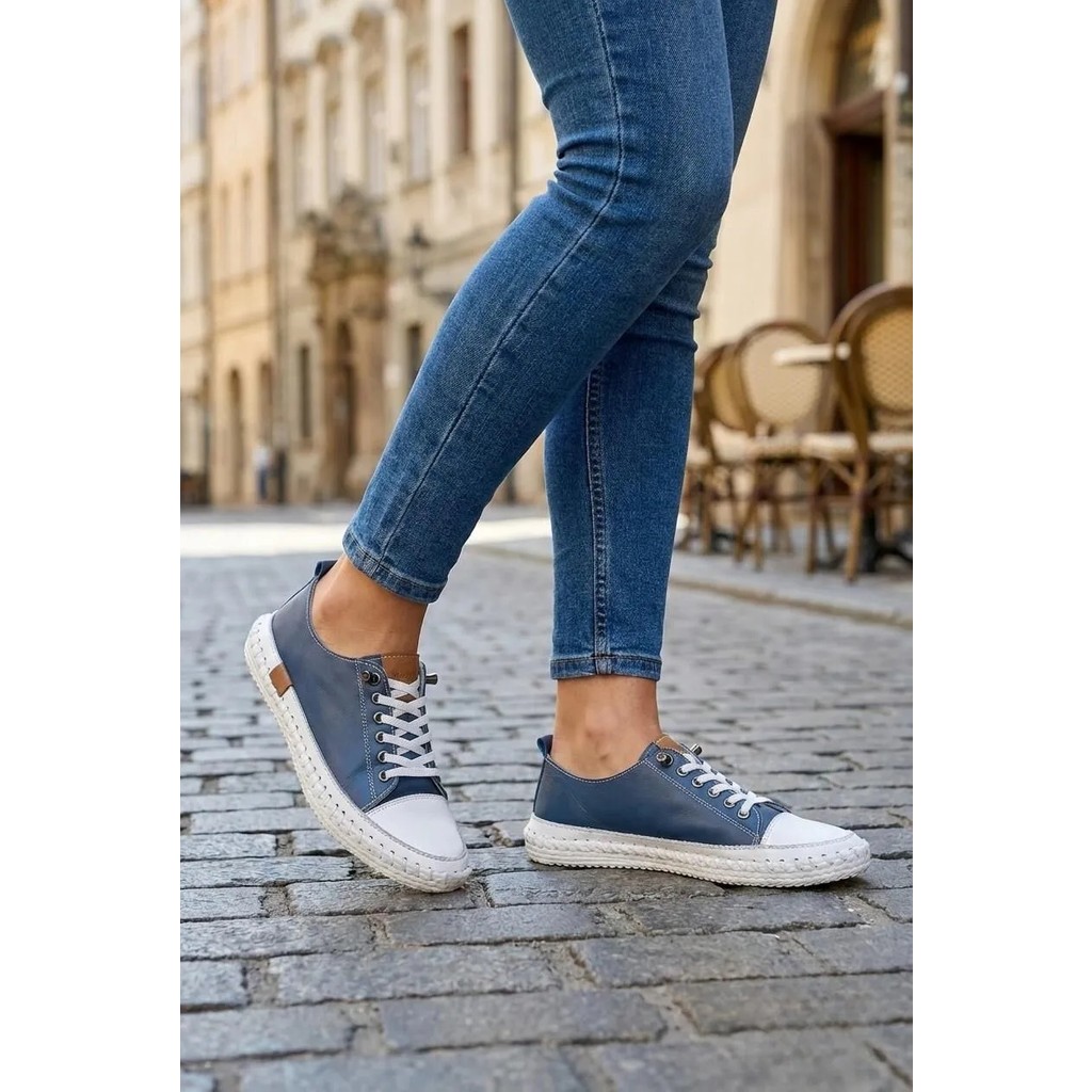 Lucid Kadın Hakiki Deri Mavi Sneaker El Dikişli Günlük Spor Ayakkabı Bağcıklı Rahat Taban Diğer Fiyatı