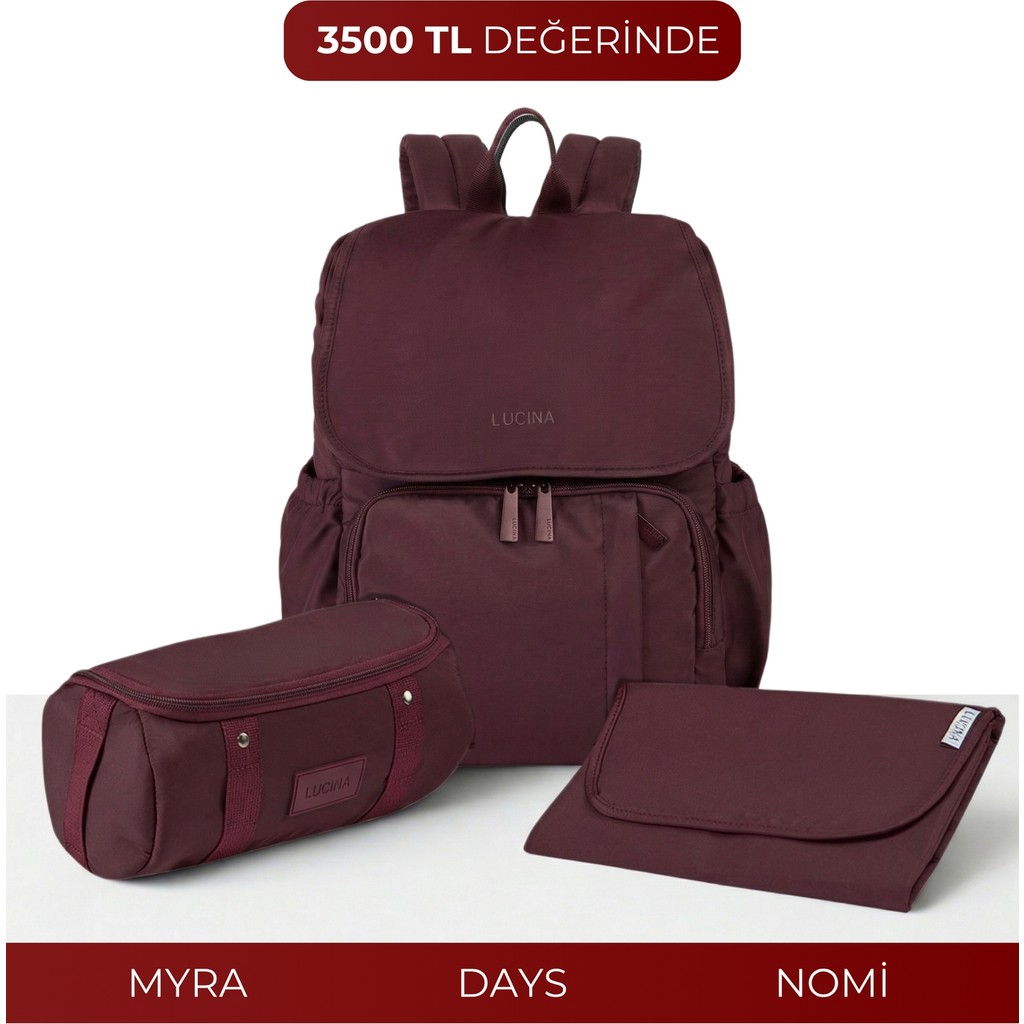 Lucina Days Bebek Bakım Seti: Days Anne Bebek Termal Bakım Çantası & Myra Organizer & Nomi Alt Açma Pedi - Burgundy Bebek Bakım Seti Fiyatı