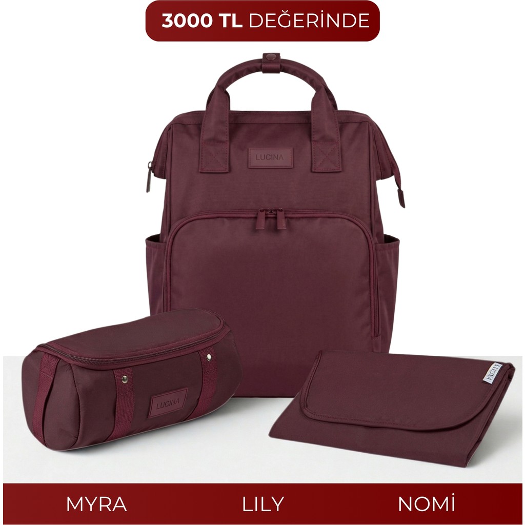 Lucina Lily Bebek Bakım Seti: Lily Anne Bebek Termal Bakım Çantası & Myra Organizer & Nomi Alt Açma Pedi - Burgundy Bebek Bakım Seti Fiyatı