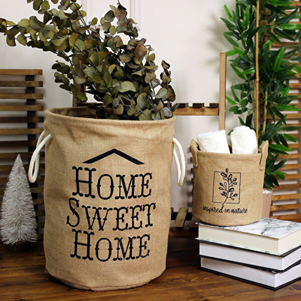 Lucky Day Jut Sepet Silindir Büzgüsüz Home Sweet Home 35X45X35 Hasır Çamaşır Eşya Kirli Sepeti Büyük Boy - 35 x 45 cm Sepet Fiyatı