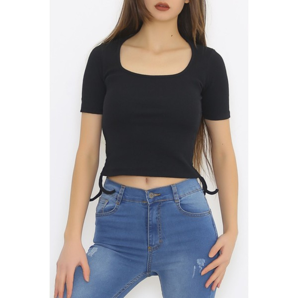 Lucky Kadın Siyah Likralı Yan Büzgülü Crop Bisiklet Yaka Kısa Kol T-Shirt Bayan T-shirt Fiyatı